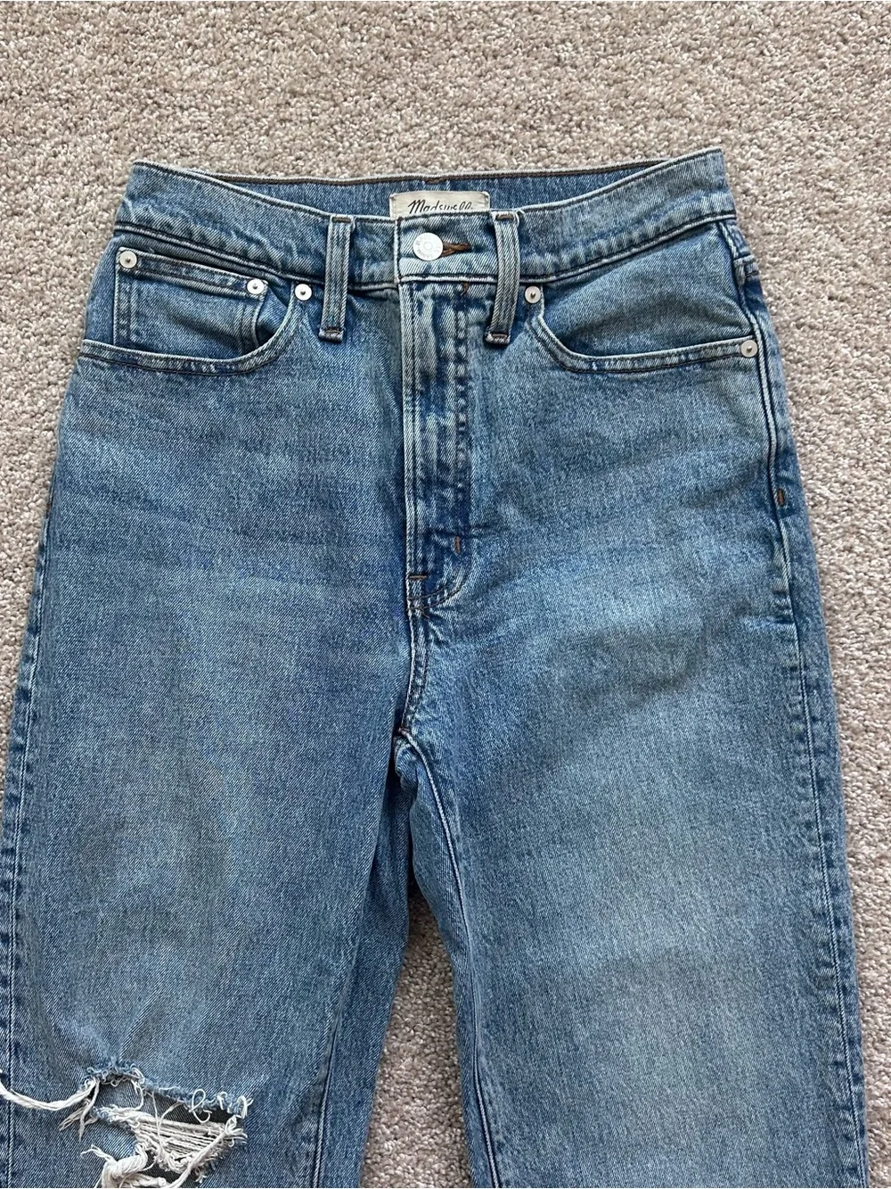 Madewell The Perfect Vintage Straight Jeans 27 Medium Wash Distressed Knee 28.5